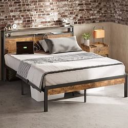 King Size Industrial Platform Bed Frame with Storage Headboard and Power Outlets - Free Shipping 