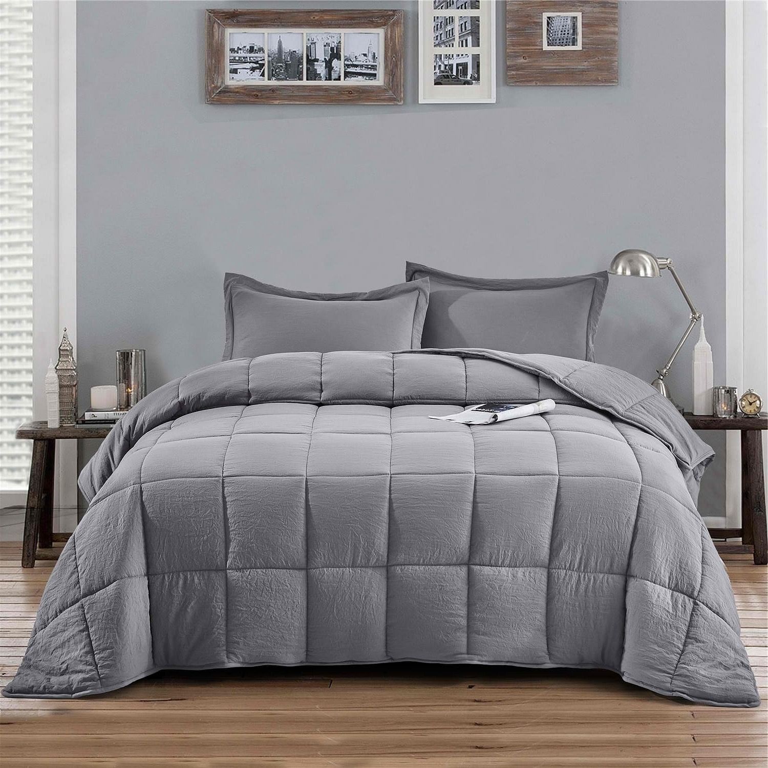 King Size Grey 3 Piece Microfiber Reversible Comforter Set - Free Shipping