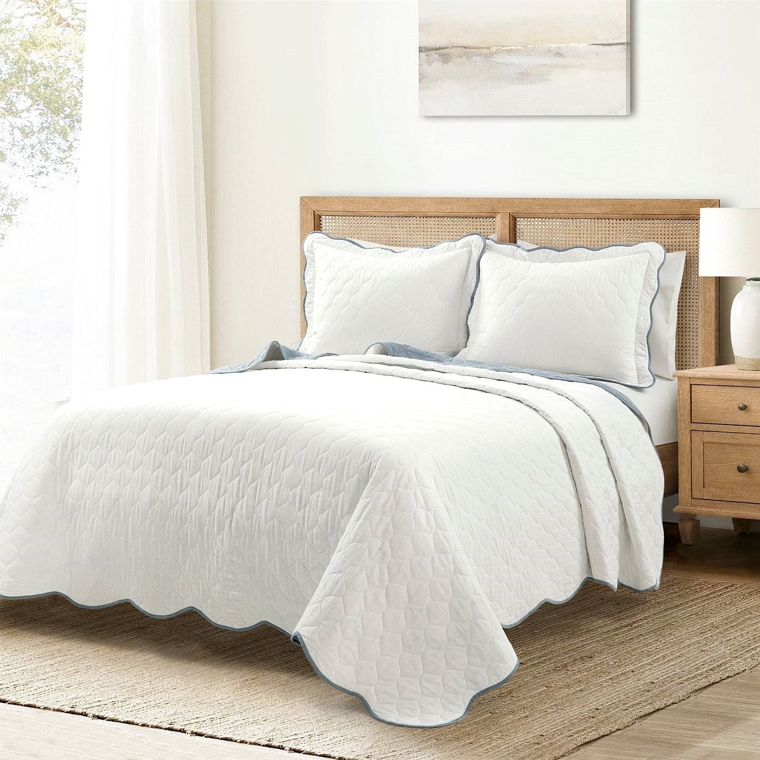 King/Cal King White Blue Scalloped Edge Reversible Thin Light Quilt Set - Free Shipping