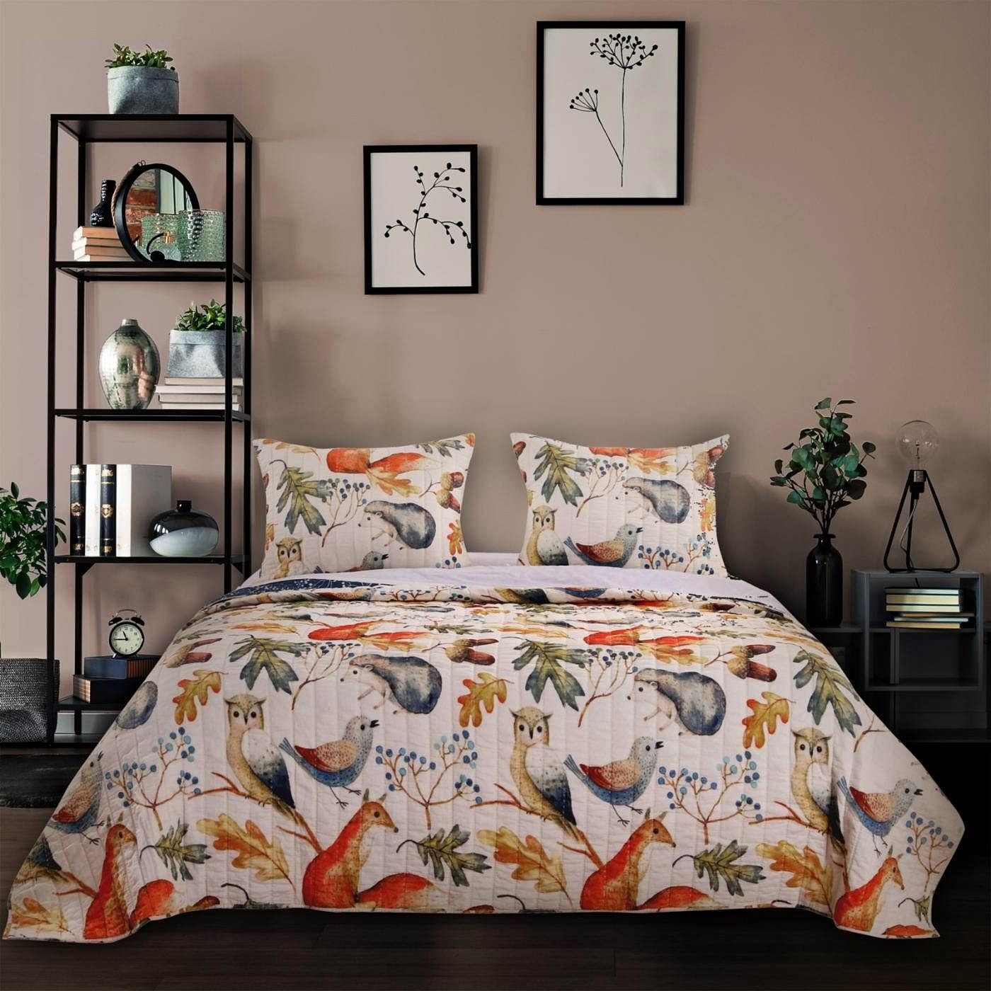 King 3 Piece Blue Beige Birds Animals Floral Microfiber Reversible Quilt Set - Free Shipping