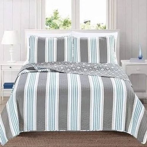 King 3 Piece Coastal Starfish Sand Dollar Grey Blue White Nautical Quilt Set - Free Shipping 