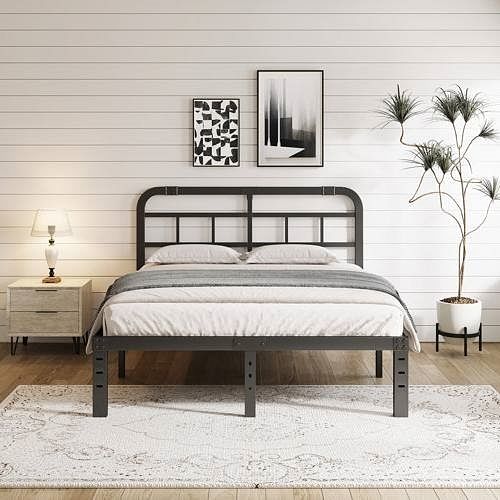King Size Heavy Duty Black Metal Platform Bed Frame with Headboard - Free Shipping 