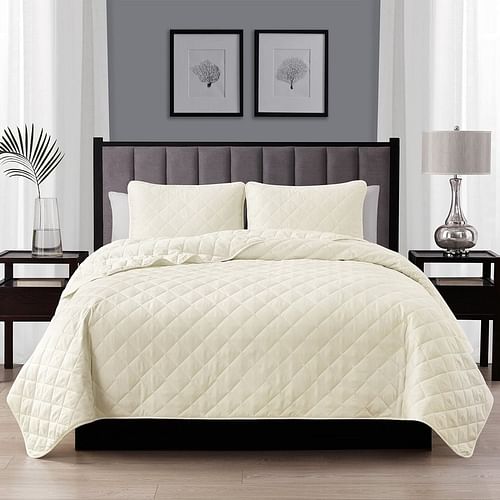 King CAL King 3-Piece Ivory Polyester Microfiber Reversible Diamond Quilt Set - Free Shipping