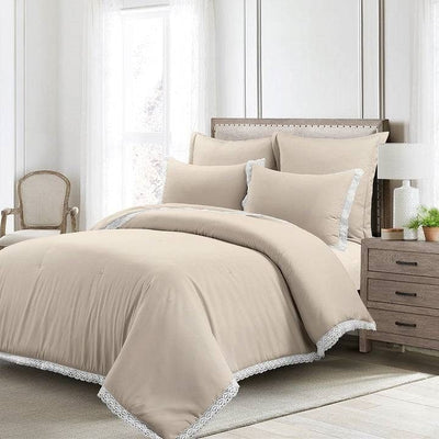 King French Country Beige Tan 5-Piece Lightweight Comforter Set with Lace Trim - Free Shipping 