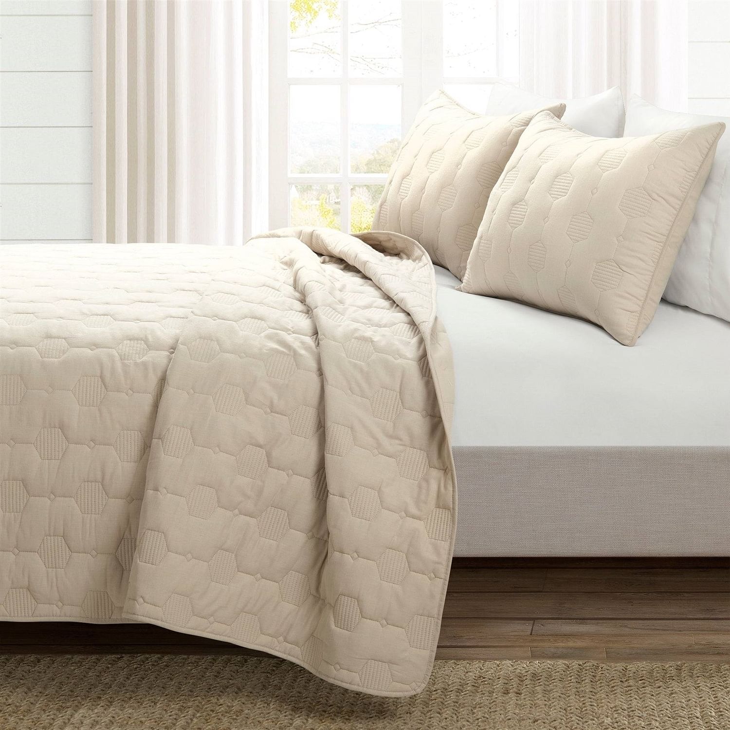 King/California King size Lightweight Beige Textured Cotton 3 Piece Quilt Set - Free Shipping 