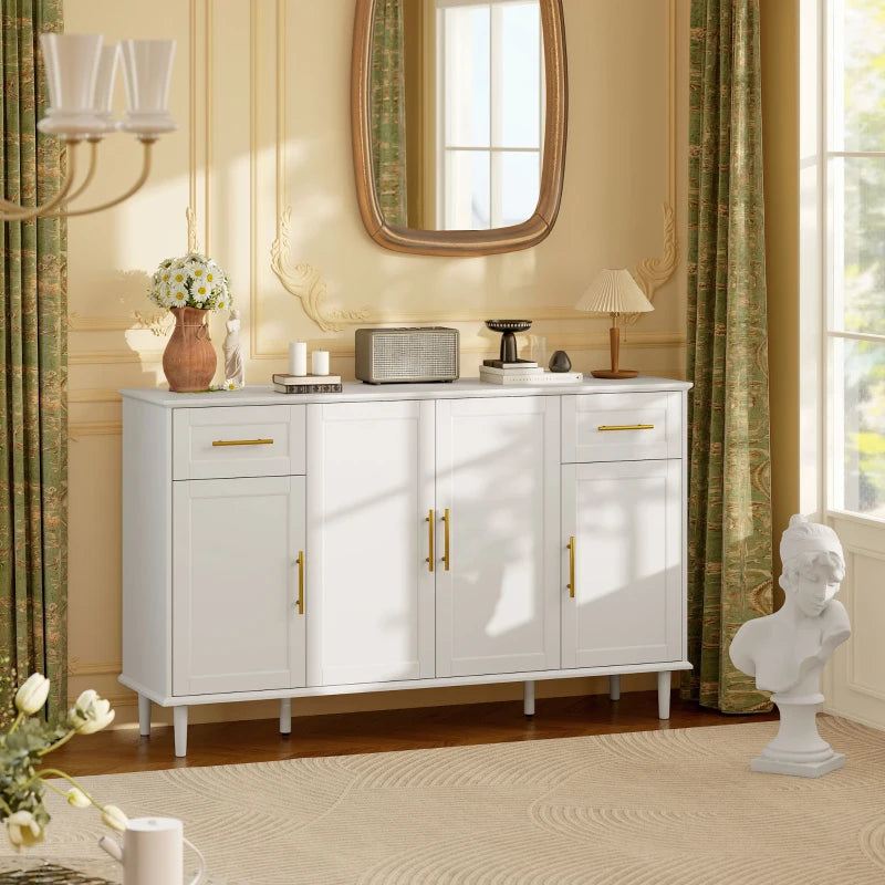 55" Buffet Cabinet with Soft-Close Doors, Modern Sideboard with 2 Drawers, 3 Adjustable Shelves and 4 Doors, White
