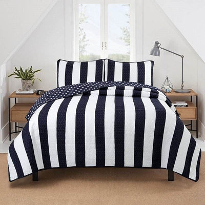 King 3 Piece Reversible Navy White Stars Stripes 100-Percent Cotton Quilt Set - Free Shipping 