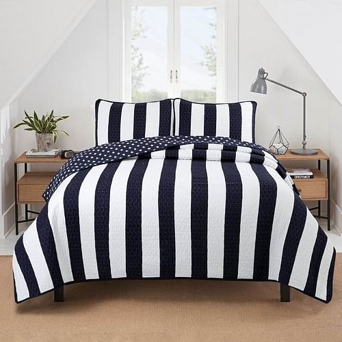 King 3 Piece Reversible Navy White Stars Stripes 100-Percent Cotton Quilt Set - Free Shipping