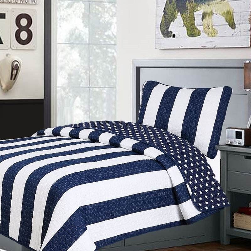 King 3 Piece Reversible Navy White Stars Stripes 100-Percent Cotton Quilt Set - Free Shipping