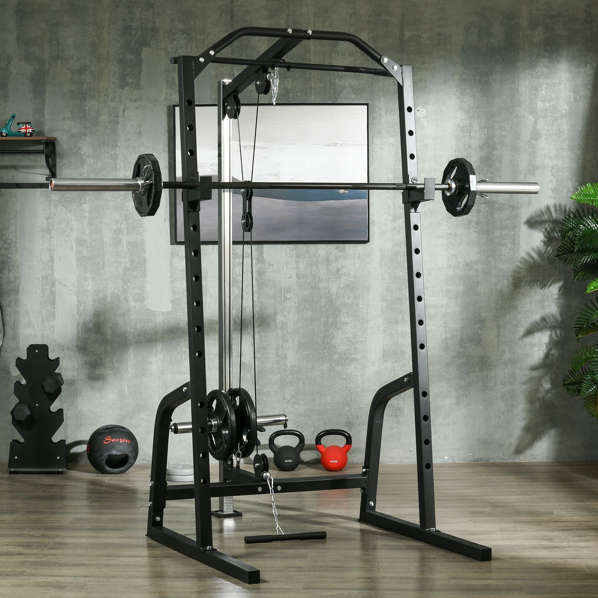 Soozier Complete Power Cage with 15-Level Squat Rack, Cable Pulley, Pull & Push-up Stand for Strength Training 
