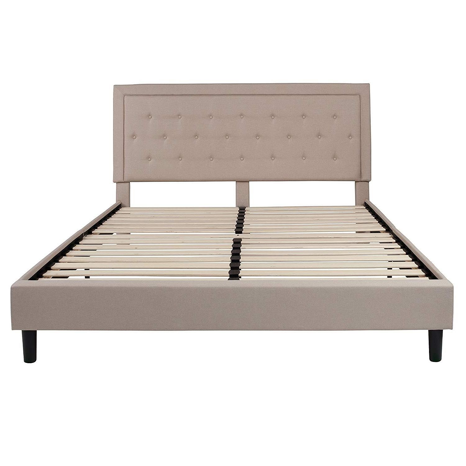 King Beige Upholstered Platform Bed Frame with Button Tufted Headboard - Free Shipping