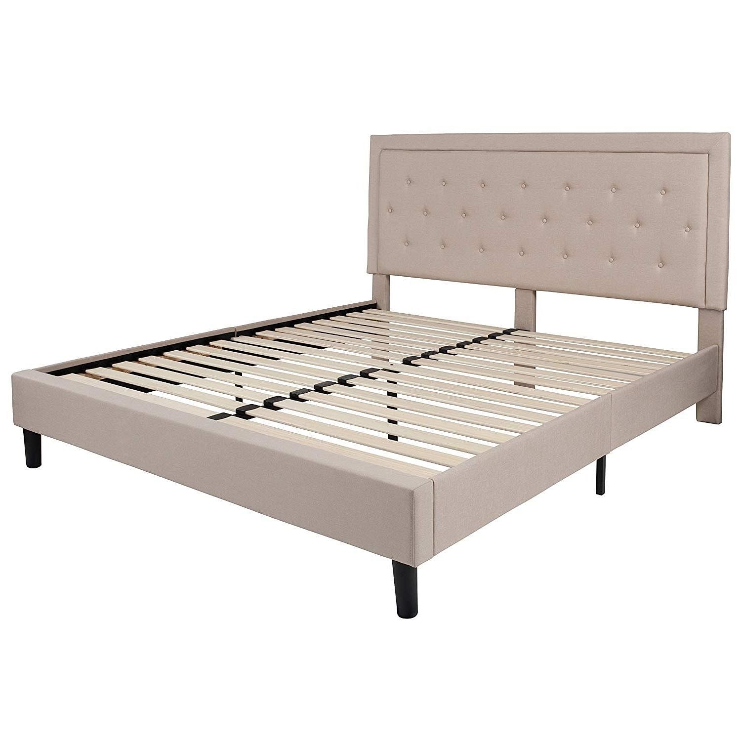 King Beige Upholstered Platform Bed Frame with Button Tufted Headboard - Free Shipping 