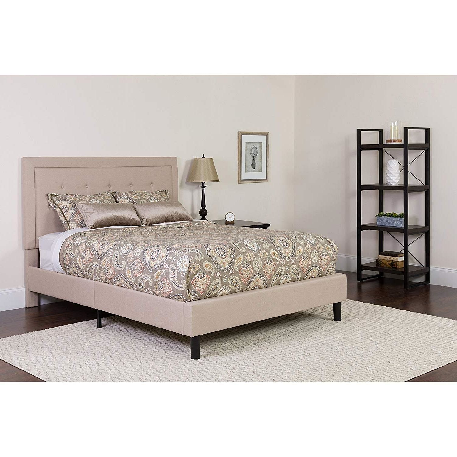 King Beige Upholstered Platform Bed Frame with Button Tufted Headboard - Free Shipping 