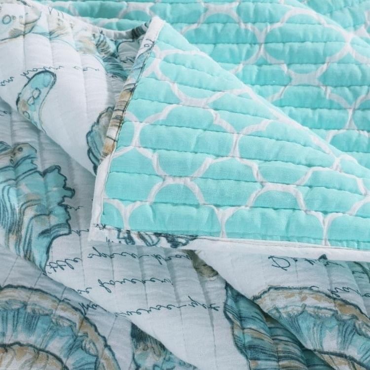 King size Coastal Seashells 3 Piece White Teal Polyester Reversible Quilt Set - Free Shipping