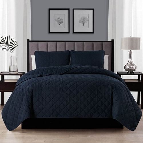 King size 3-Piece Navy Blue Polyester Microfiber Reversible Diamond Quilt Set - Free Shipping