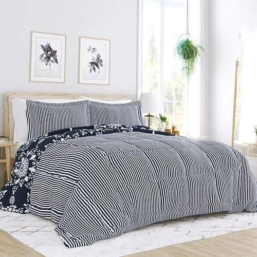 King size 3-Piece Navy Blue White Reversible Floral Striped Comforter Set - Free Shipping 