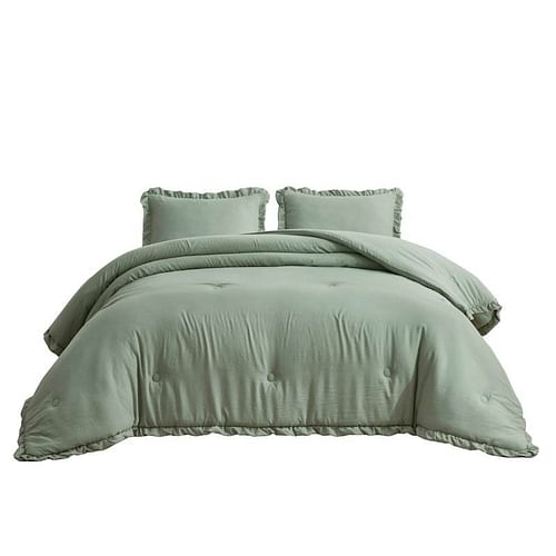 Oversized King Sage Microfiber 3-Piece Comforter Set with Ruffled Edge Trim - Free Shipping 