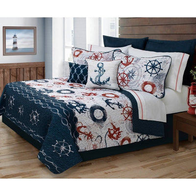 King Size Modern Coastal Anchor Polyester Reversible Quilt Set - Free Shipping 