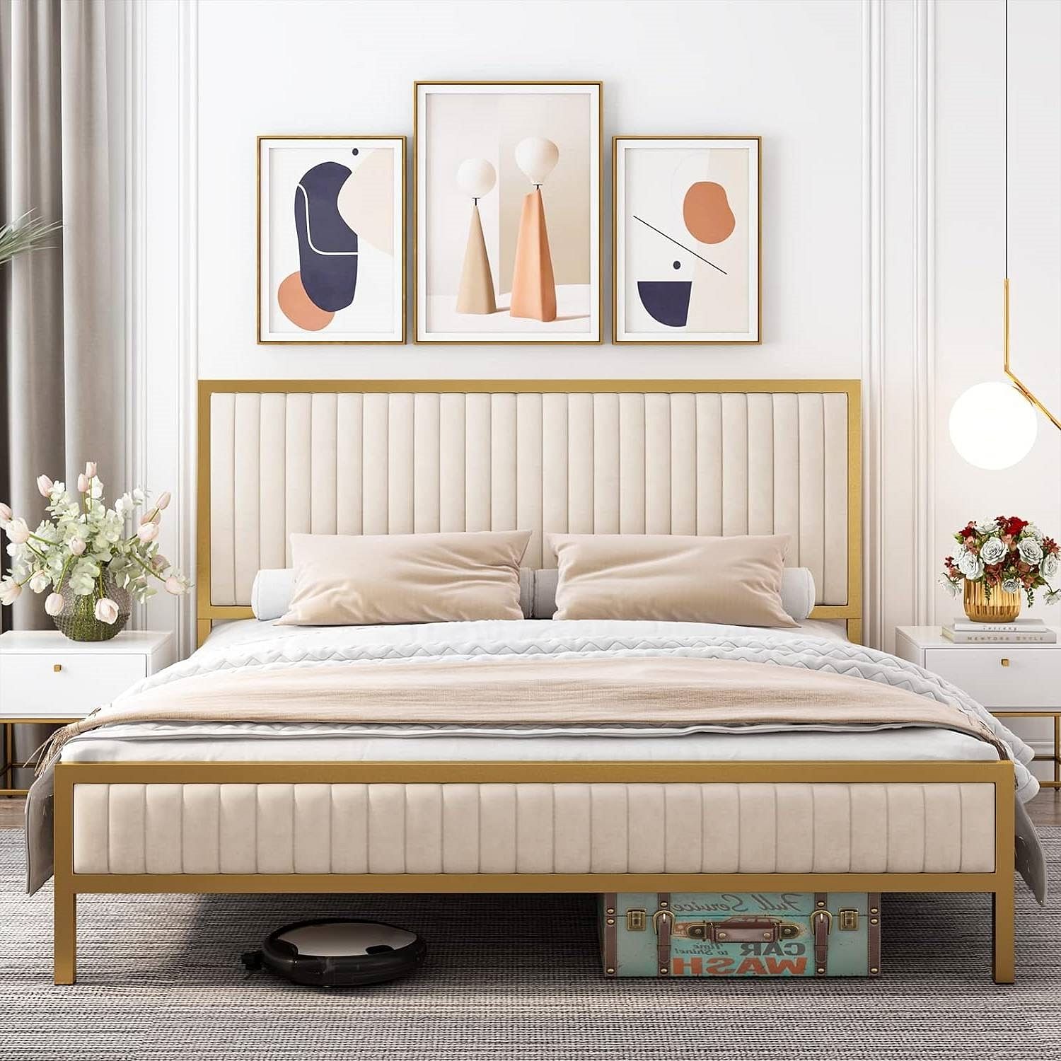 King size Gold Metal Platform Bed Frame with Beige White Upholstered Headboard - Free Shipping 
