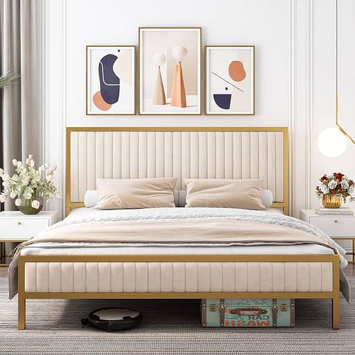 King size Gold Metal Platform Bed Frame with Beige White Upholstered Headboard - Free Shipping 