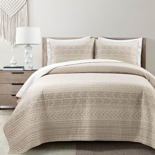 King Scandinavian Chevron Beige Tan White Reversible Cotton Quilt Set - Free Shipping