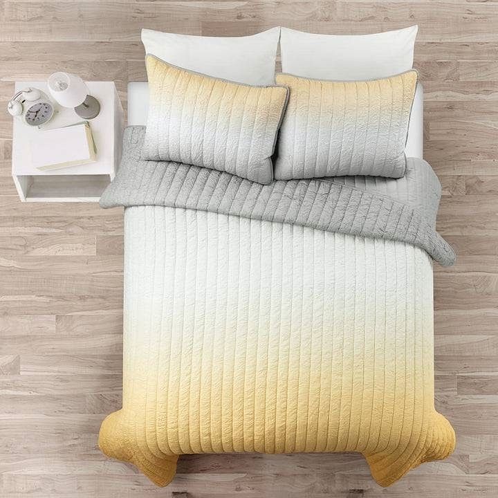 King size Yellow Orange Grey Lightweight Crinkle Fabric 3 Piece Quilt Set - Free Shipping 