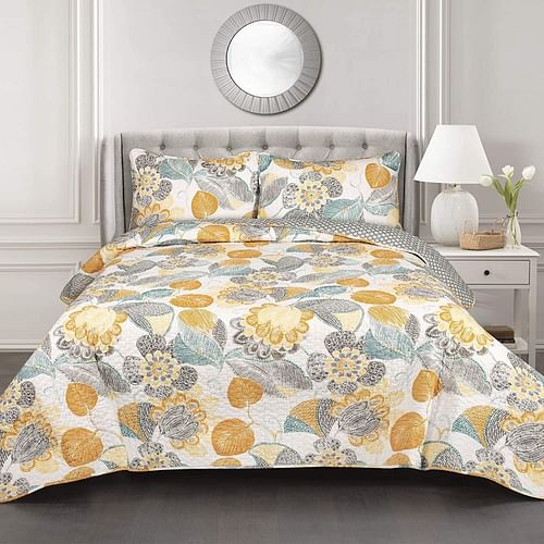 3 Piece Reversible Yellow Grey Floral Cotton Quilt Set in King Size - Free Shipping