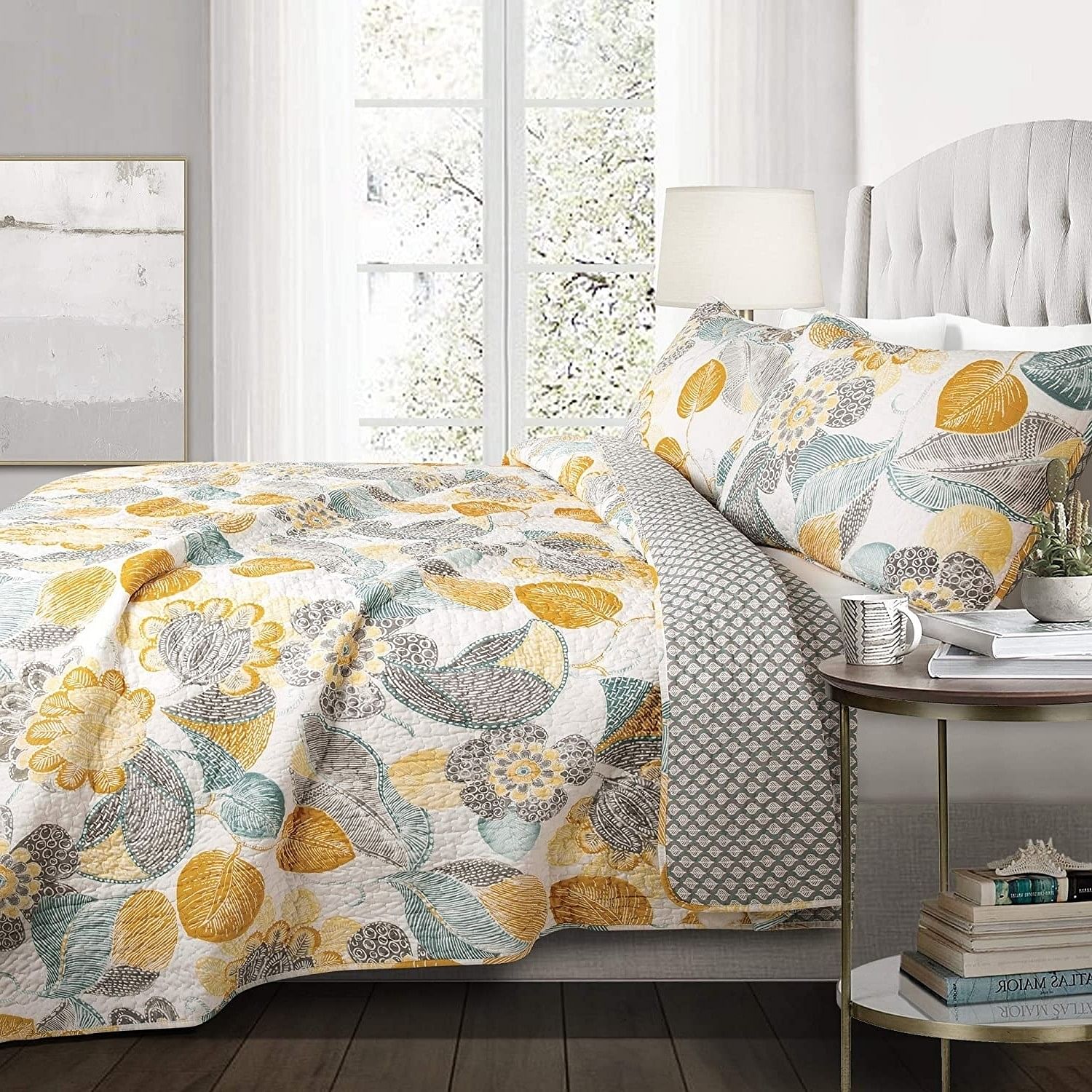 3 Piece Reversible Yellow Grey Floral Cotton Quilt Set in King Size - Free Shipping