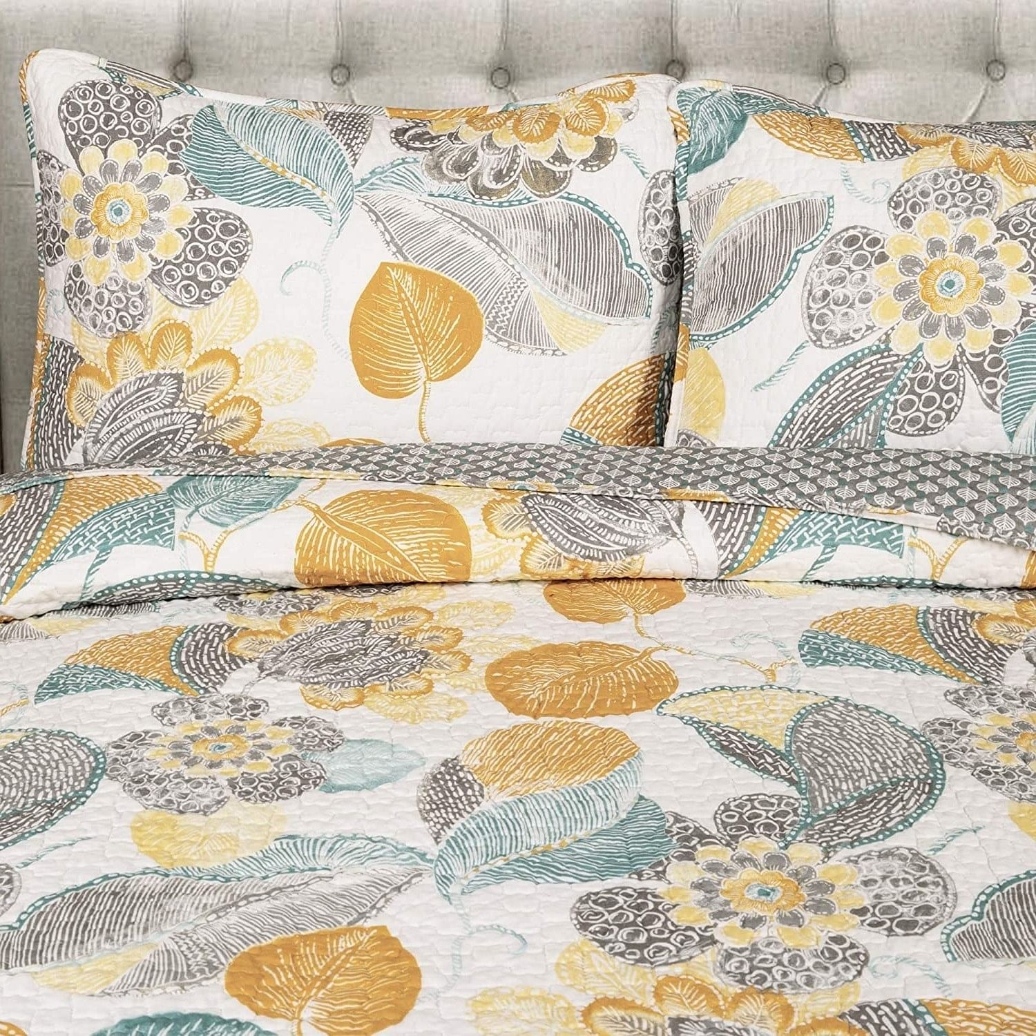 3 Piece Reversible Yellow Grey Floral Cotton Quilt Set in King Size - Free Shipping