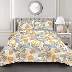 3 Piece Reversible Yellow Grey Floral Cotton Quilt Set in King Size - Free Shipping