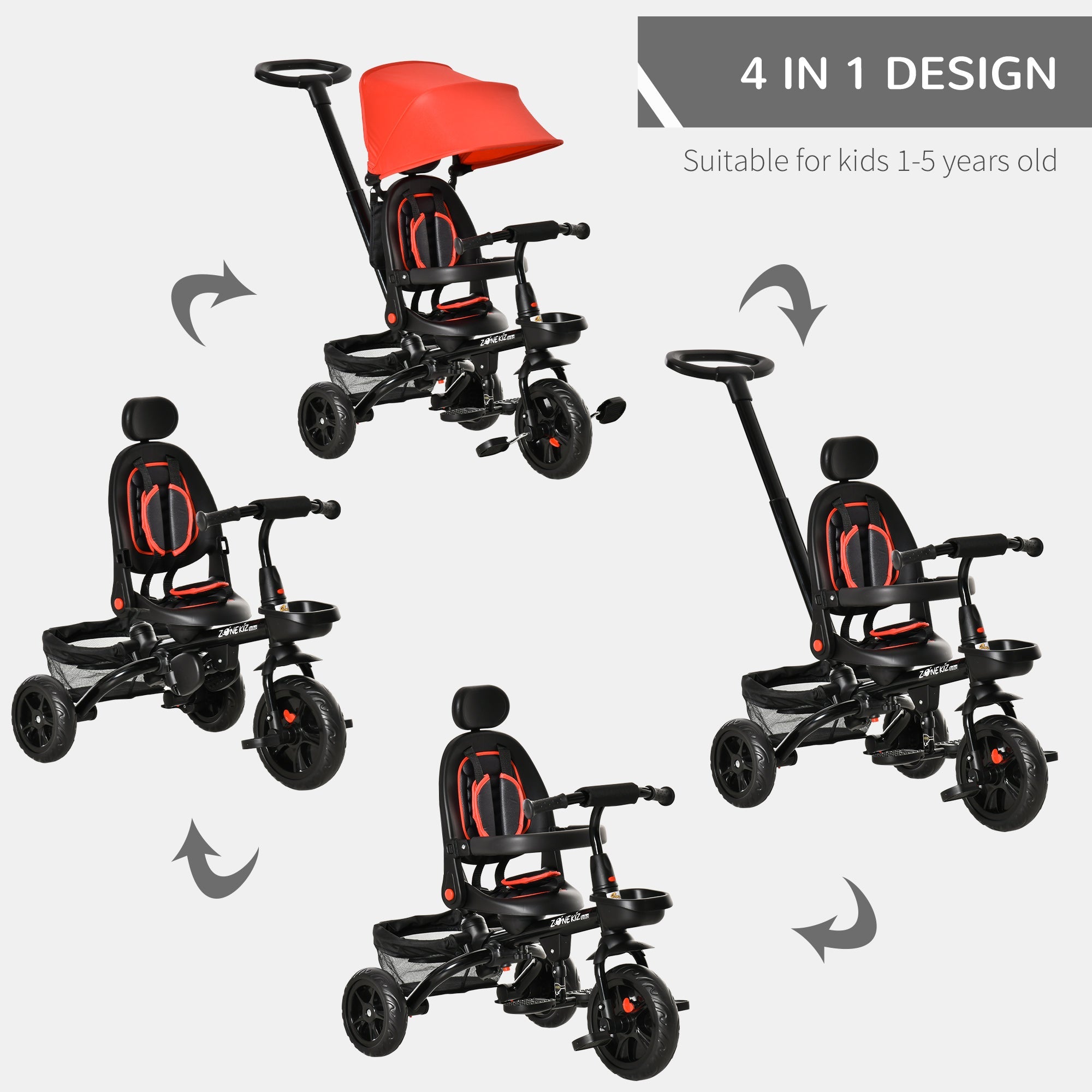 Qaba 4-in-1 Baby Tricycle Stroller, Reversible Seat, Adjustable, Canopy, Safety Belt, Red - Versatile Outdoor Ride 