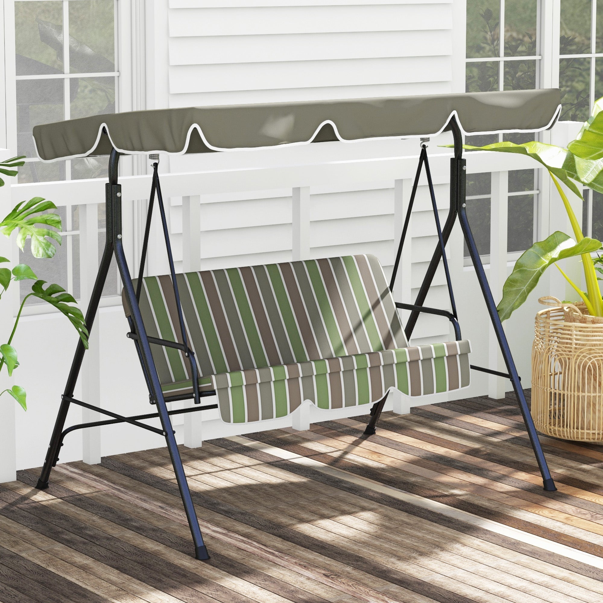 Outsunny 3-Seater Porch Swing with Adjustable Canopy - Outdoor Patio Swing Chair, Garden, Poolside, Green/Brown 