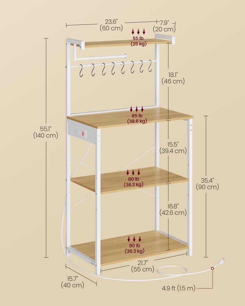 VASAGLE 4-Tier Kitchen Baker's Rack with Power Outlet, 8 S-Hooks & Paper Towel Holder