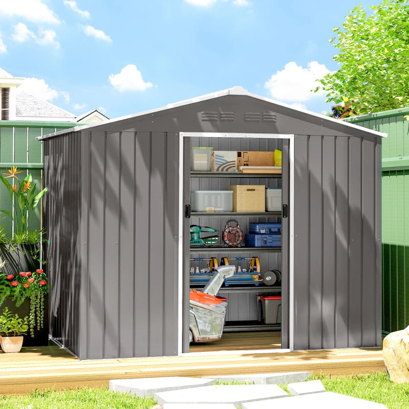 8' x 6' Outdoor Storage Shed, Metal Garden Tool Storage House with Lockable Sliding Doors and Vents, Light Grey
