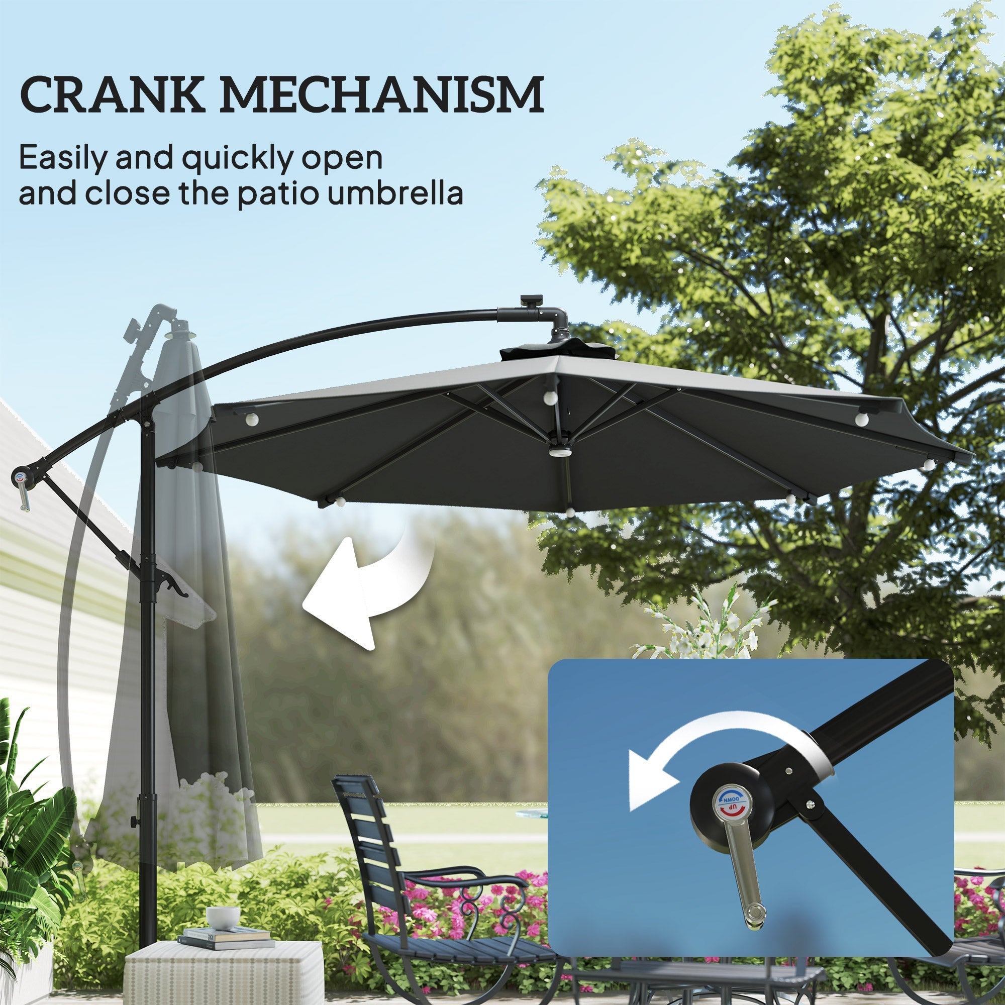 Outsunny 8.8FT Cantilever Patio Umbrella with Solar Powered LED Lights, Crank Handle, Cross Base for Outdoor Sun Shade, Grey 