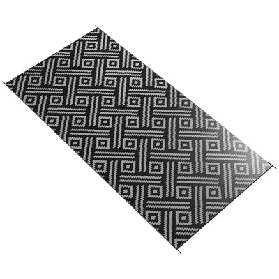 Outsunny 9x18ft Black Grey Geometric Reversible Outdoor Rug Waterproof Plastic Straw with Carry Bag 