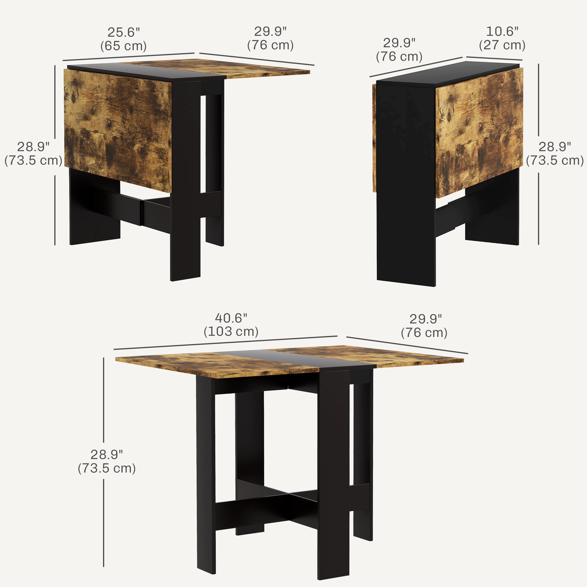 HOMCOM Drop Leaf Wood Folding Multi-Use Side Dining Desk Table Space Saving Rustic Brown Black 