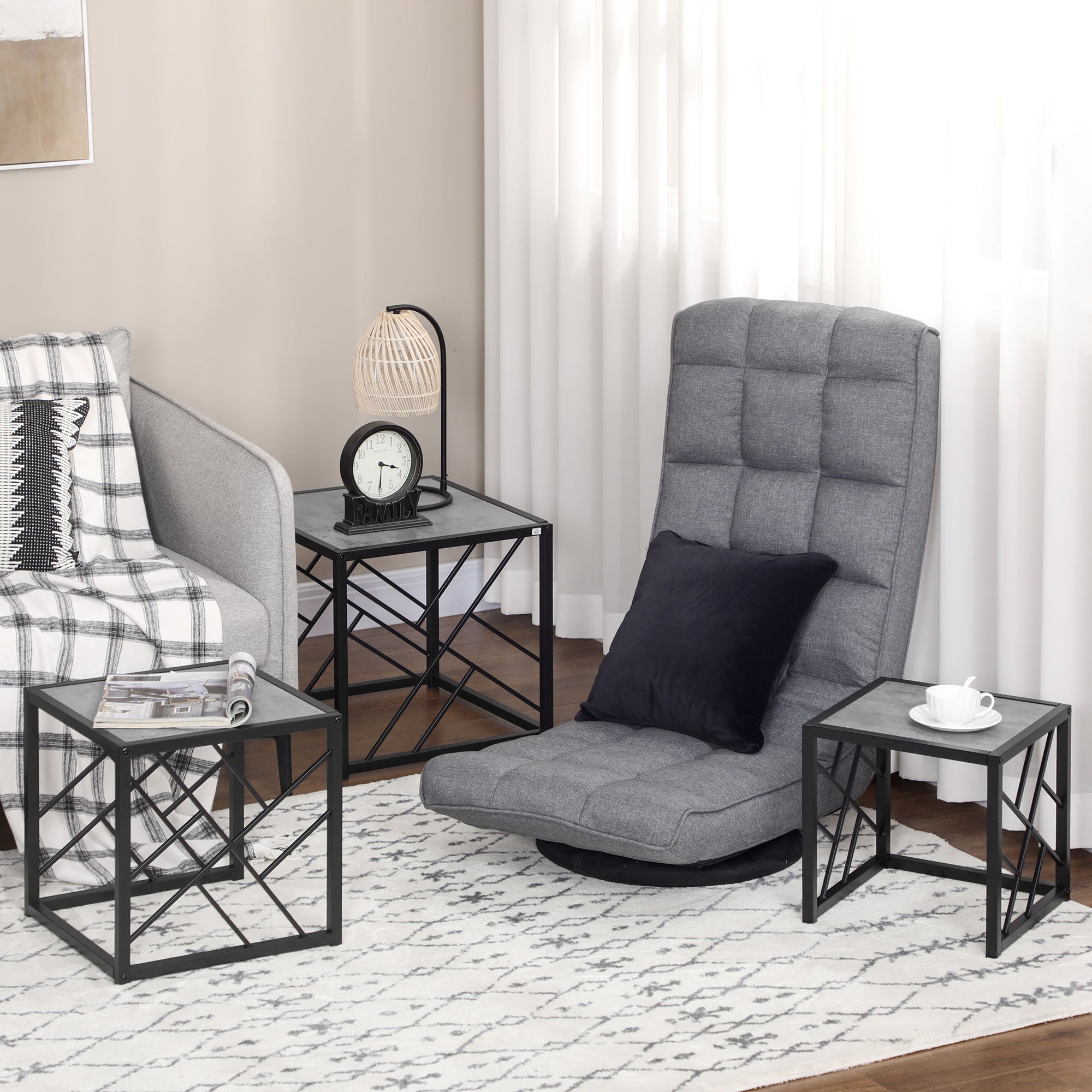 HOMCOM Nest of Tables 3 Piece Square Coffee Table Set Metal Frame for Living Room Bedroom Grey 