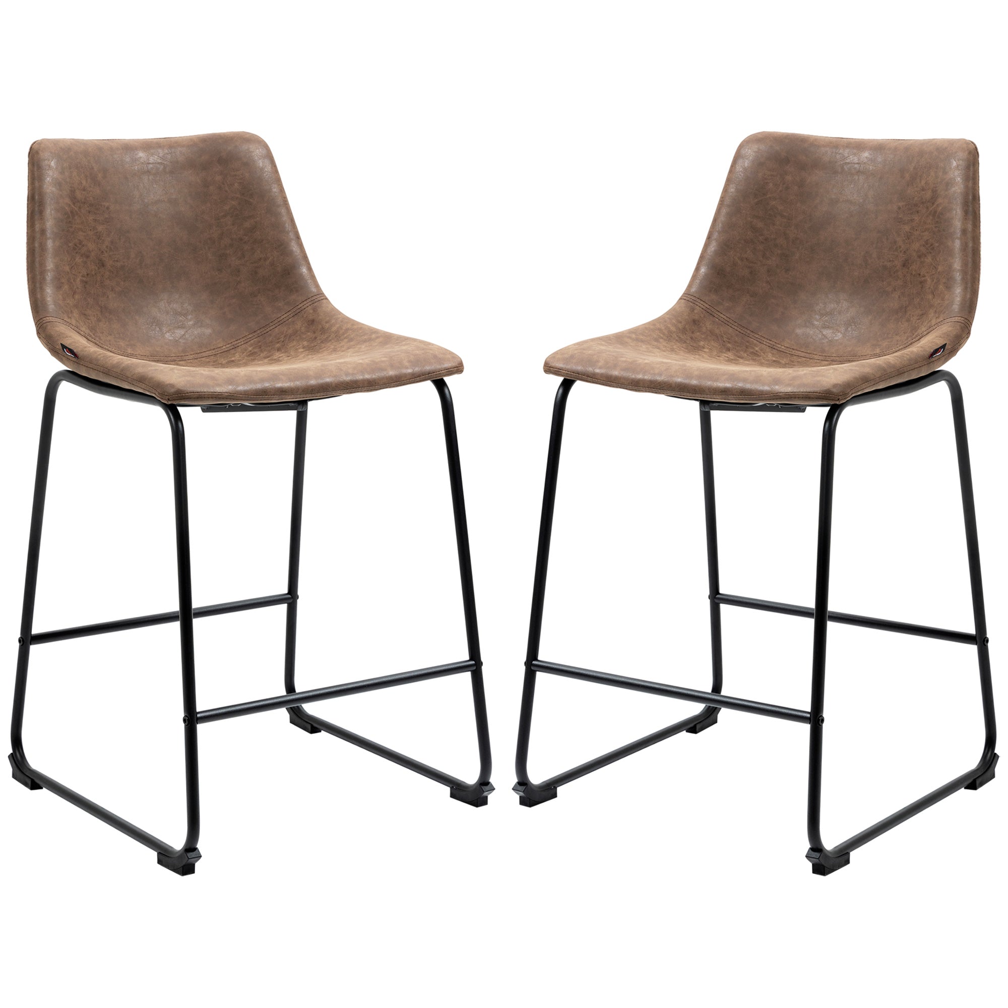 HOMCOM Classic Comfort: Set of 2 Counter Height Bar Stools, PU Leather with Footrest, Brown Hue for Kitchen or Home Bar 