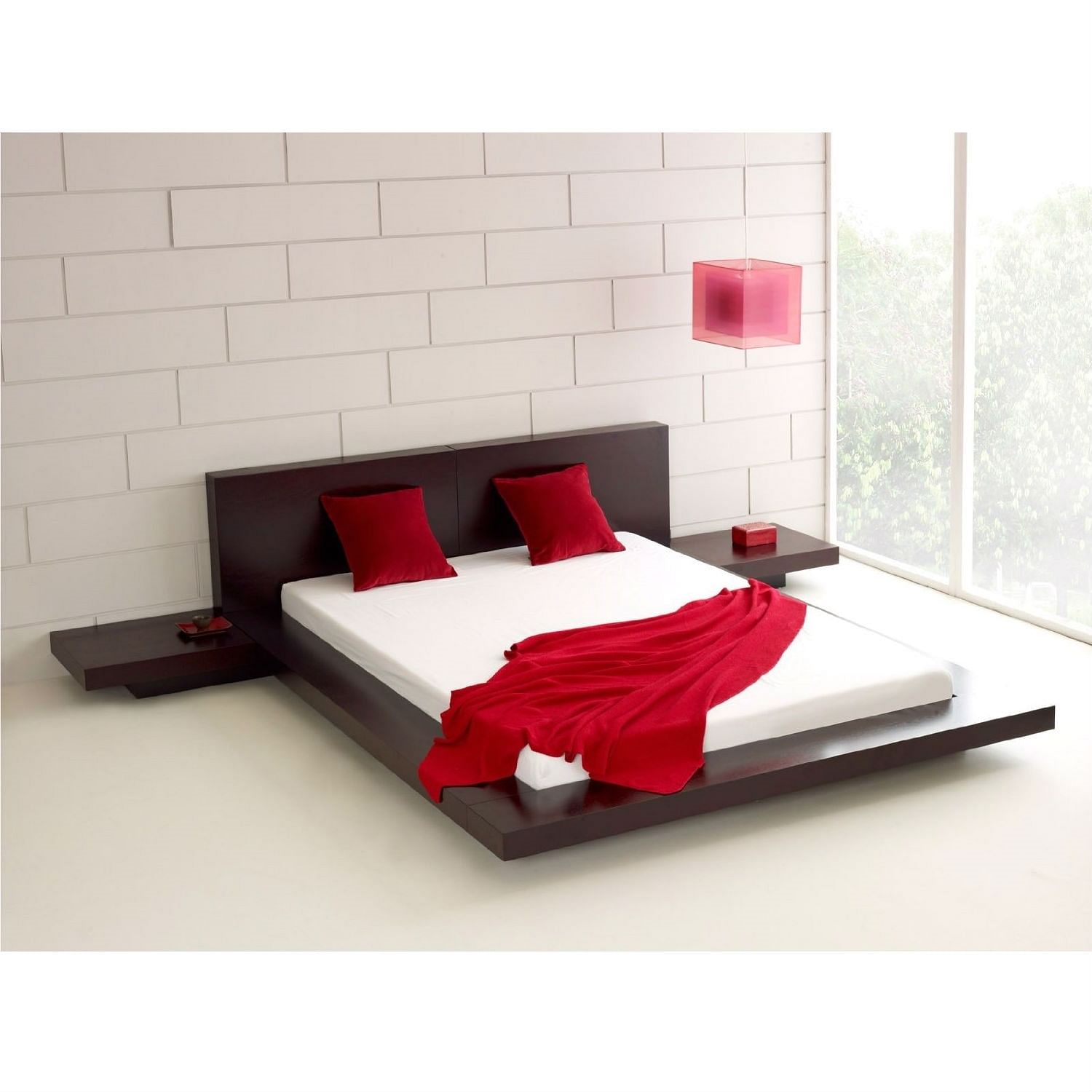 King Modern Japanese Style Platform Bed with Headboard and 2 Nightstands in Espresso - Free Shipping