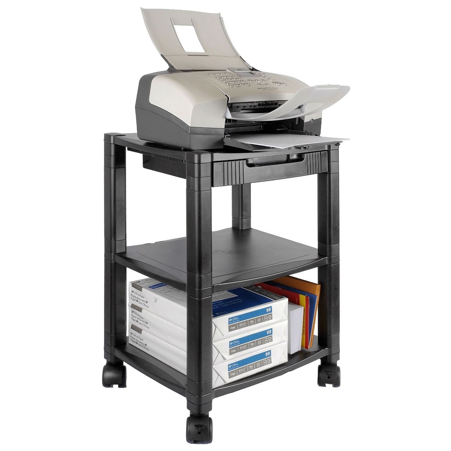3-Shelf Mobile Printer Stand with Organizer Drawer in Black - Free Shipping 