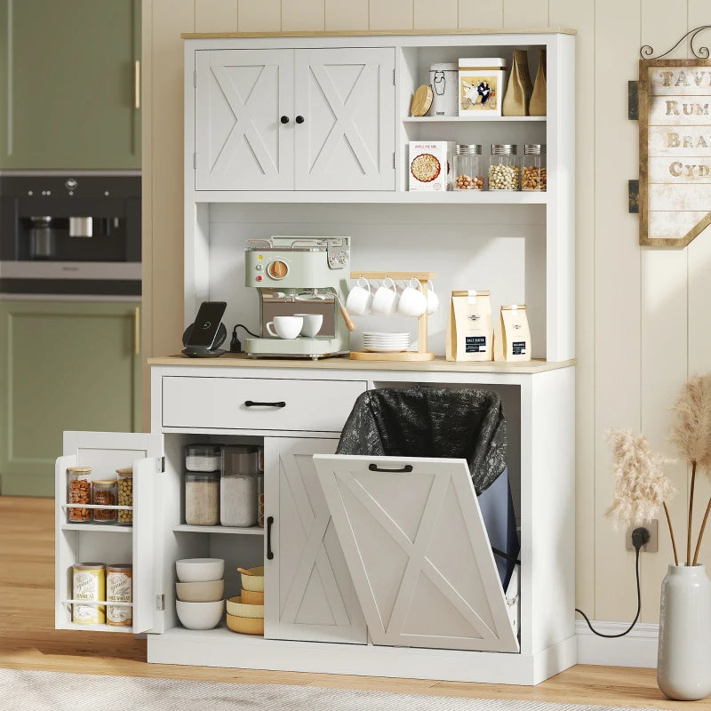 69" Pantry Cabinet with Charging Station, Kitchen Cabinet with Microwave Stand, Tilt-Out Trash Can Cabinet, White