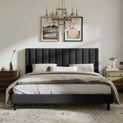 King size Modern Black Velvet Upholstered Platform Bed with Headboard - Free Shipping 