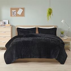 King/CAL King Black Soft Sherpa Faux Fur 3-Piece Comforter Set with Pillow Shams - Free Shipping 
