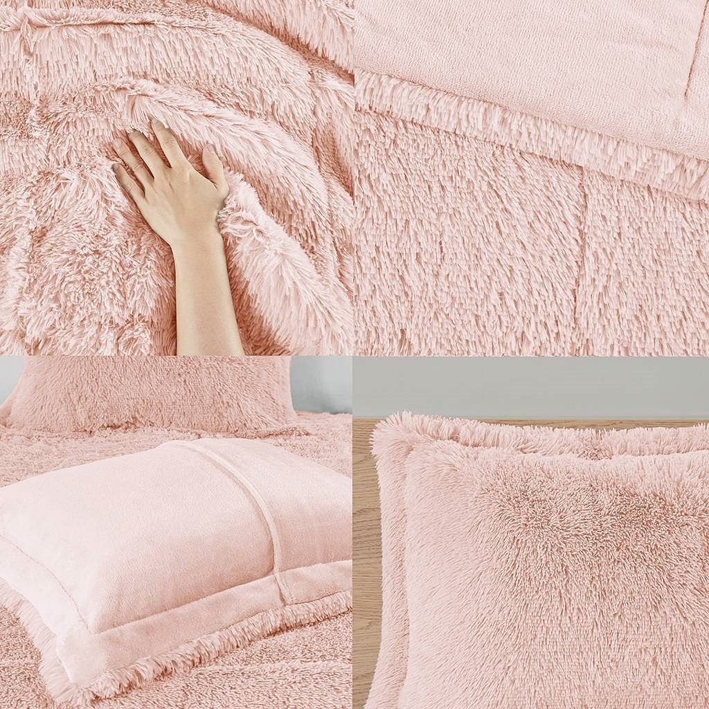 King/CAL King Pink Blush Soft Sherpa Faux Fur 3-Piece Comforter Set with Shams - Free Shipping 