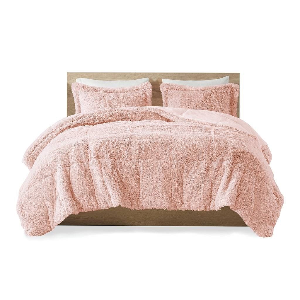 King/CAL King Pink Blush Soft Sherpa Faux Fur 3-Piece Comforter Set with Shams - Free Shipping 