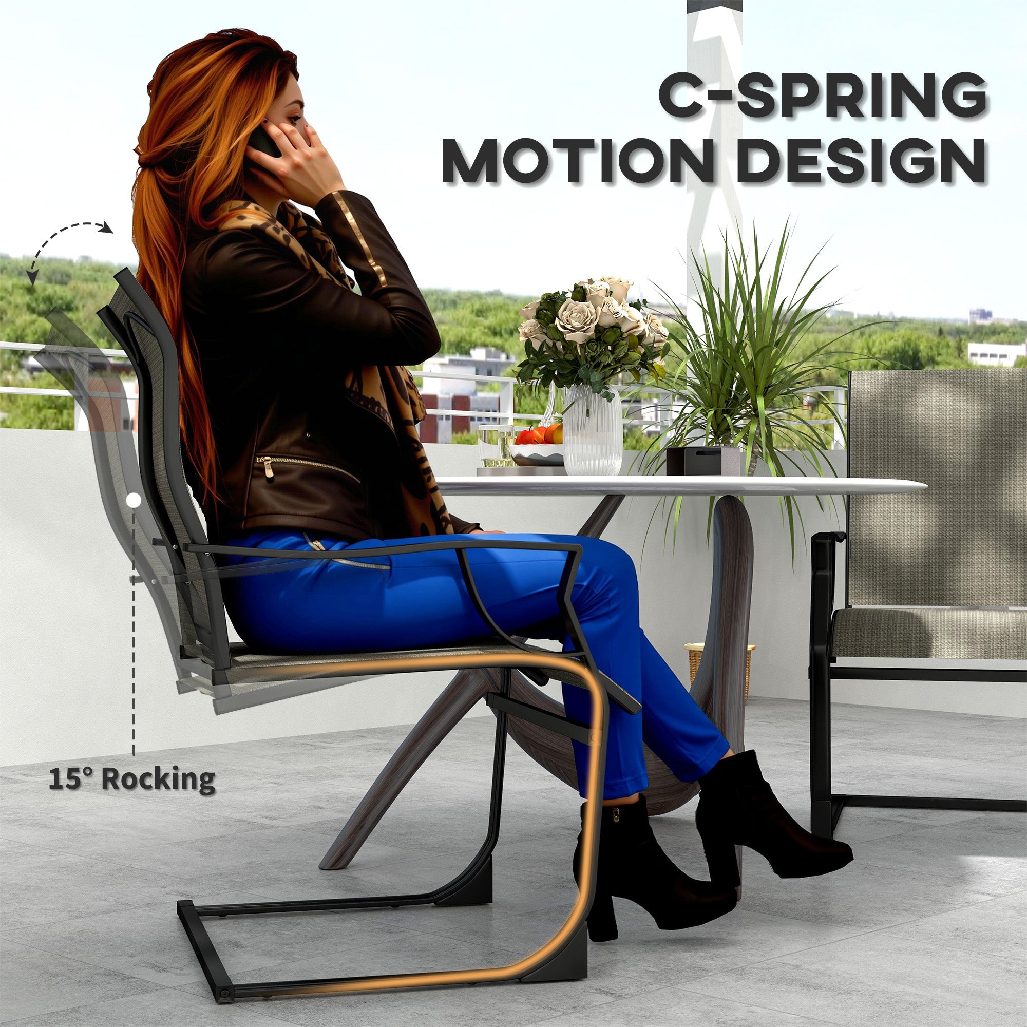 Outsunny C Spring Motion Patio Chairs Set of 2 with Curved High Backrest, Armrest, All Weather Breathable Fabric, Metal Frame 