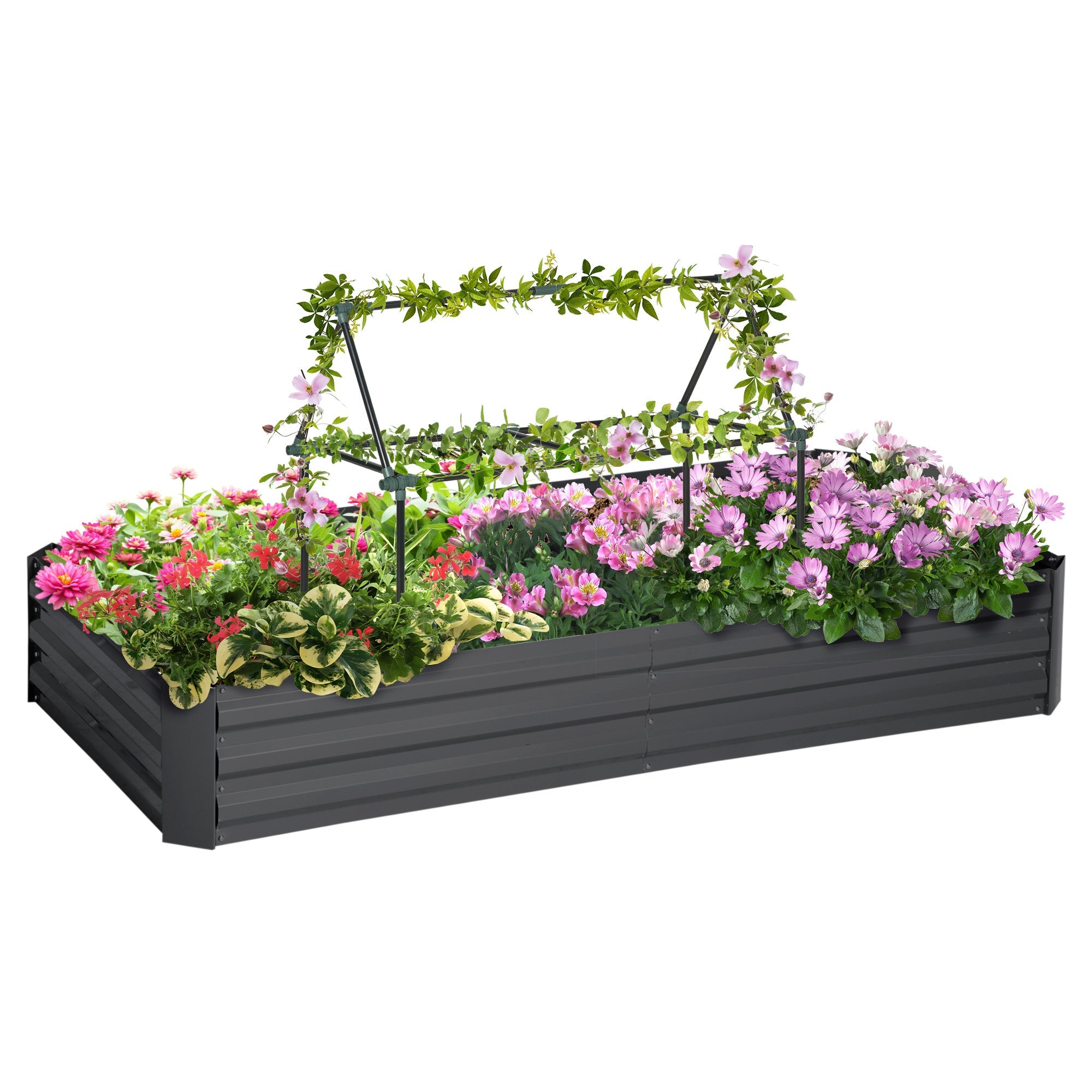 Outsunny 6' x 3' x 1' Raised Garden Bed with 2 Trellis Tomato Cages, Steel Frame Elevated Planter Box, Dark Grey 