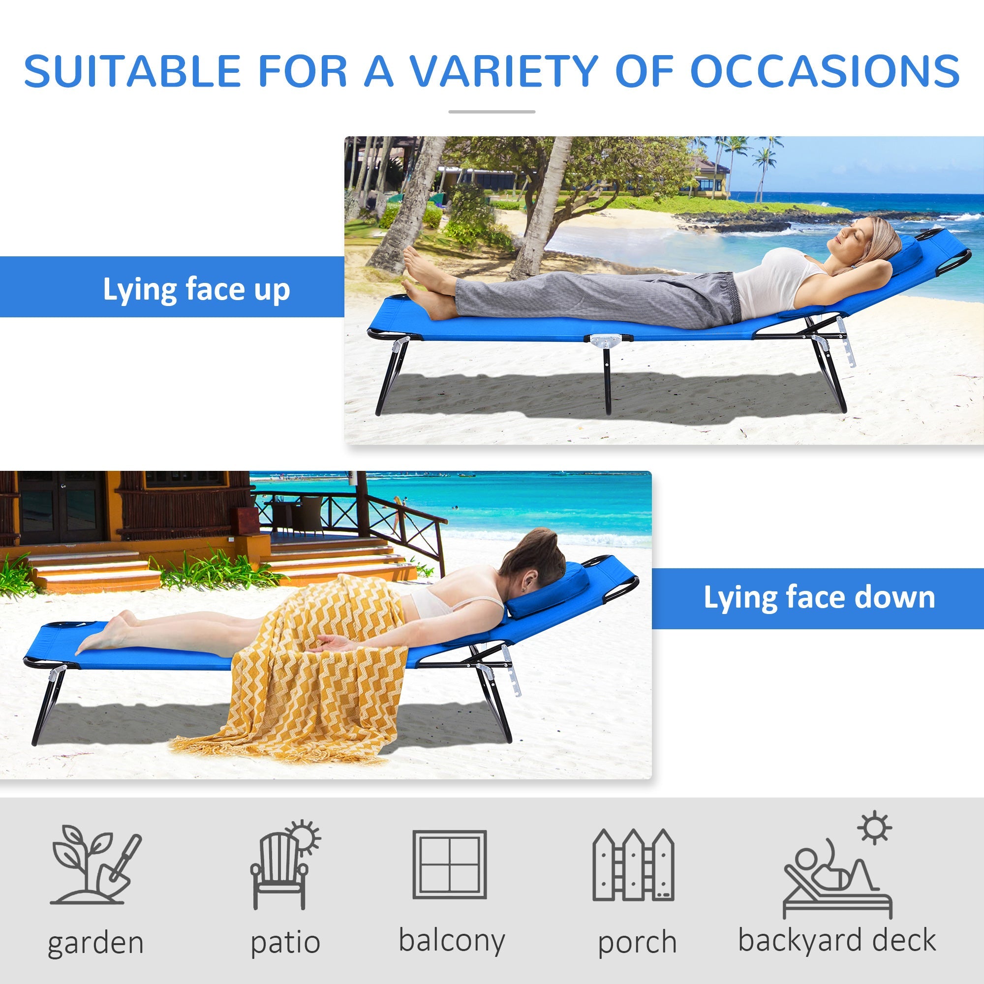 Outsunny Sun Lounger with Reading Hole Adjustable Garden Outdoor Reclining Chair Folding Camping Beach Bed Blue 
