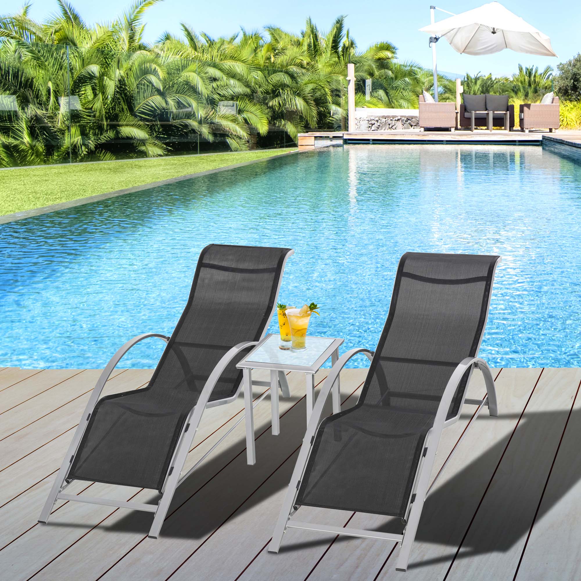 Outsunny 3pc Patio Lounge Chair Set Outdoor Sunbathing with Side Table Black 